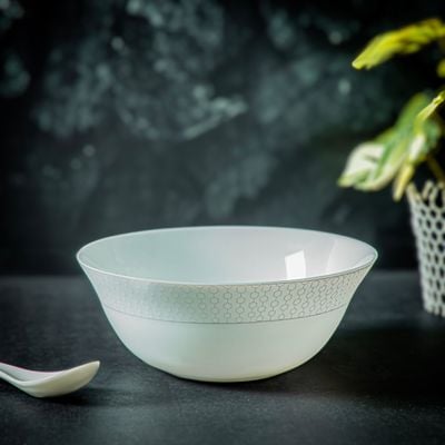 Royalford Velvett Collection 8" Stella white Serving bowl- RF11757| Premium-Quality Opalware, Light-Weight and Food-Grade Bowl with Elegant Hexagonal Design| Perfect for Serving Soups, Salads, Snacks, Curry| Dishwasher-Safe and Freezer-Safe| White