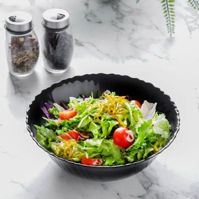 Royalford 8" Opalware Salad Bowl- RF11906/ Black-Wave Series, Elegant Color/ Perfect for Serving and Eating Salads, Sweets, Snacks / Lightweight, Serveware, Dishwasher-Safe and Microwave Safe/ Black 