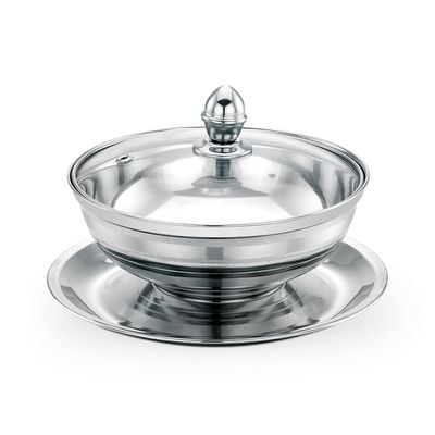 Royalford 18 CM Leomax Date Bowl with Glass Lid- RF11598|Perfect for Serving Dates, Dried Nuts, Candies, Etc.| Versatile And Strong Stainless Steel Construction with Mirror Finish Body and Tempered Glass Lid with Steam Vent Hole| Silver