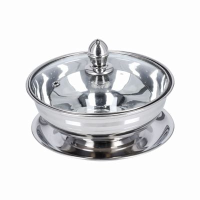 Royalford 18 CM Leomax Date Bowl with Glass Lid- RF11598|Perfect for Serving Dates, Dried Nuts, Candies, Etc.| Versatile And Strong Stainless Steel Construction with Mirror Finish Body and Tempered Glass Lid with Steam Vent Hole| Silver