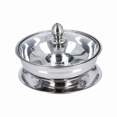 Royalford 14 CM Leomax Date Bowl with Glass Lid- RF11596|Perfect for Serving Dates, Dried Nuts, Candies, Etc.| Versatile And Strong Stainless Steel Construction with Mirror Finish Body and Tempered Glass Lid with Steam Vent Hole| Silver