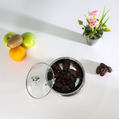 Royalford 14 CM Leomax Date Bowl with Glass Lid- RF11596|Perfect for Serving Dates, Dried Nuts, Candies, Etc.| Versatile And Strong Stainless Steel Construction with Mirror Finish Body and Tempered Glass Lid with Steam Vent Hole| Silver