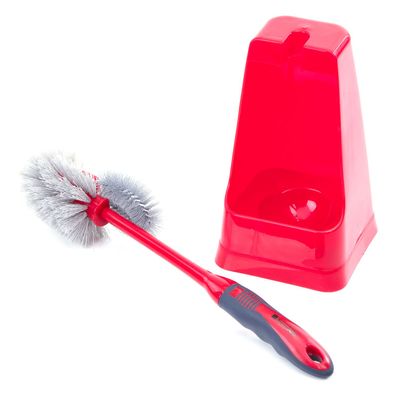 Royalford RF8834 One Click Series Toilet Brush with Holder - Easy Storage with Comfortable Handle - Compact Design - Clears Clogged Toilets and drains - Ideal for Home and Office Use - Red