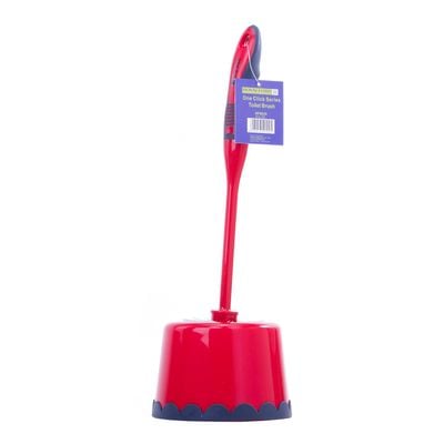 Royalford RF8835 One Click Series Toilet Brush with Holder - Easy Storage with Comfortable Handle - Compact Round Design - Clears Clogged Toilets and drains - Ideal for Home and Office Use - Red