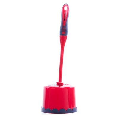 Royalford RF8835 One Click Series Toilet Brush with Holder - Easy Storage with Comfortable Handle - Compact Round Design - Clears Clogged Toilets and drains - Ideal for Home and Office Use - Red