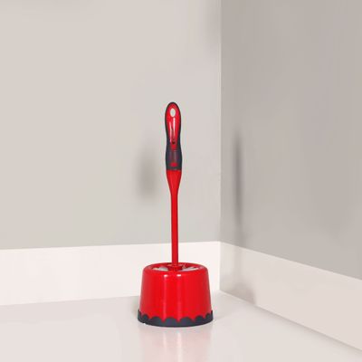 Royalford RF8835 One Click Series Toilet Brush with Holder - Easy Storage with Comfortable Handle - Compact Round Design - Clears Clogged Toilets and drains - Ideal for Home and Office Use - Red