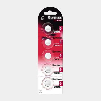 Uniross CR1616 Lithium Coin Cell Battery 3.0V Pack of 5 Batteries - Equivalent to BR1616, DL1616, ECR1616 Model# U5CR1616