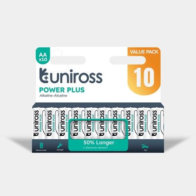 Uniross Power Plus Alkaline Battery AA 1.5V Reliable Performance, Long Shelf Life, Rugged, leak-proof  Battery Pack of 10 Model# UPPAAPK10