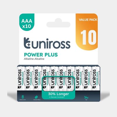 Uniross Power Plus Alkaline Battery AAA 1.5V Reliable Performance, Long Shelf Life, Rugged, leak-proof  Battery Pack of 10 Model# UPPAAAPK10