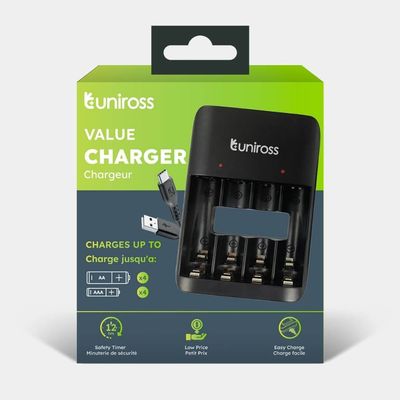 Uniross UCU010 Value Battery Charger for AA/AAA Ni-MH Batteries with Micro USB/USB-C Charging Ports No Batteries Included Model# UCU010