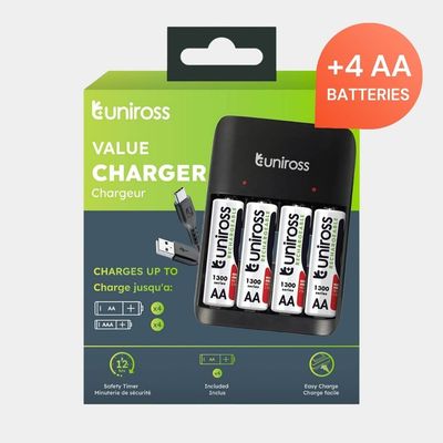 Uniross UCU010A Value Battery Charger for AA/AAA Ni-MH Batteries with Micro USB/USB-C Charging Ports & 4 AA Batteries Included Model# UCU010A