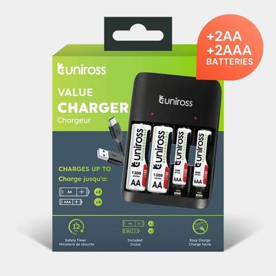 Uniross UCU010C Value Battery Charger for AA/AAA Ni-MH Batteries with Micro USB/USB-C Ports & 2 AA + 2 AAA Batteries Included Model# UCU010C