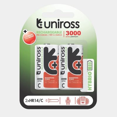 Uniross UH2C3000 Ni-MH Rechargeable C Battery (3000mAh, Pack of 2) – High Capacity, Eco-Friendly, Long-Lasting Power for High-Drain Devices Model# UH2C3000