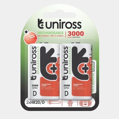 Uniross UH2D3000 Ni-MH Rechargeable D Battery (3000mAh, Pack of 2) – High Capacity, Long-Lasting, Eco-Friendly Power for High-Drain Devices Model# UH2D3000