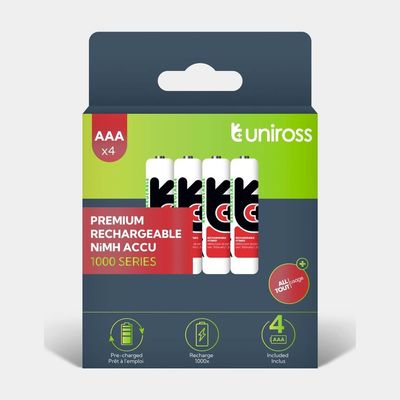 Uniross UH4AAA1000 Ni-MH Rechargeable AAA Battery (1000mAh, Pack of 4) – Eco-Friendly, Long-Lasting Power for Everyday Devices Model# UH4AAA1000