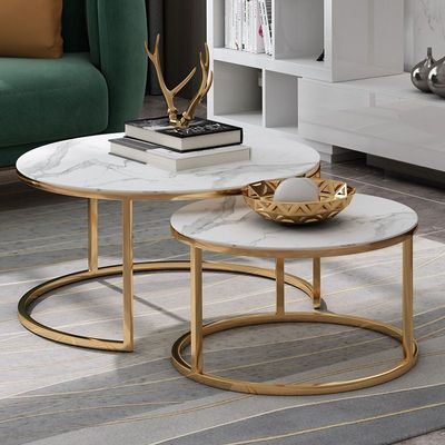 Maple Home Coffee Table Set-2 Round Centre Nesting Table Rockstone Top Stainless Steel Frame Living Bedside Reception Saloon Furniture