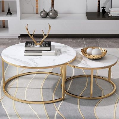 Maple Home Coffee Table Set-2 Round Centre Nesting Table Rockstone Top Stainless Steel Frame Living Bedside Reception Saloon Furniture