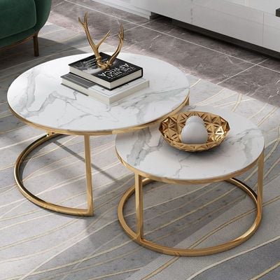 Maple Home Coffee Table Set-2 Round Centre Nesting Table Rockstone Top Stainless Steel Frame Living Bedside Reception Saloon Furniture
