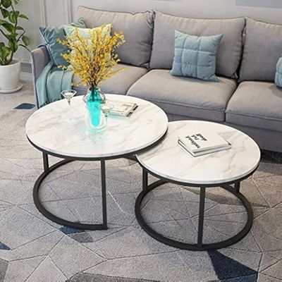 Coffee Table Set-2 Round Centre Nesting Table Rockstone Top Stainless Steel Frame Living Bedside Reception Saloon Furniture