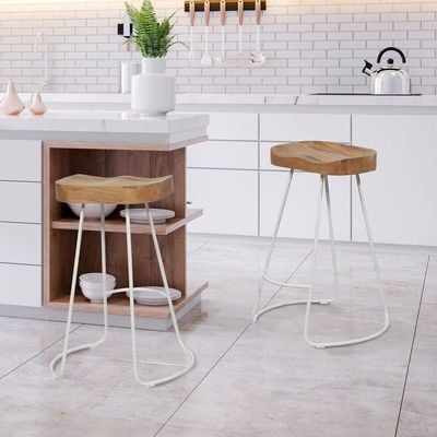 24''Saddle Bar Stool With Natural Finish On Top And Black White Base Set Of 2