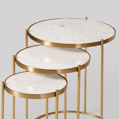 Nesting Set Of Three With White Marble Top And Gold Metal Base