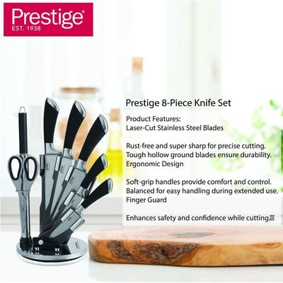 Prestige 8-piece knife set with acrylic stand |  laser-cut rust-free stainless steel blade - Black | 2 Years Warranty