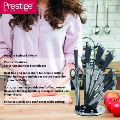 Prestige 8-piece knife set with acrylic stand |  laser-cut rust-free stainless steel blade - Grey | 2 Years Warranty