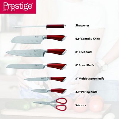 Prestige 8-piece knife set with acrylic stand |  laser-cut rust-free stainless steel blade - Red | 2 Years Warranty