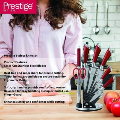 Prestige 8-piece knife set with acrylic stand |  laser-cut rust-free stainless steel blade - Red | 2 Years Warranty