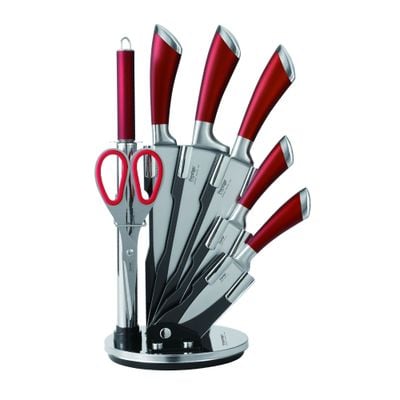 Prestige 8-piece knife set with acrylic stand |  laser-cut rust-free stainless steel blade - Red | 2 Years Warranty