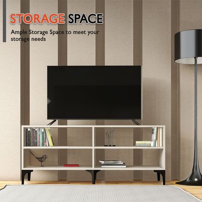 Mahmayi Modern TV Stand with 4 Open Shelves, Monitor and TV Stand for Home and Office, PC Desk Stand Monitor Riser for Keyboard Storage, Laptop, Printer - Light Grey