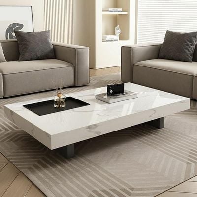 AWD Rectangular Stone Marble Modern White Coffee Table with Black Metal Base, Center Table for Waiting Area or Living Room