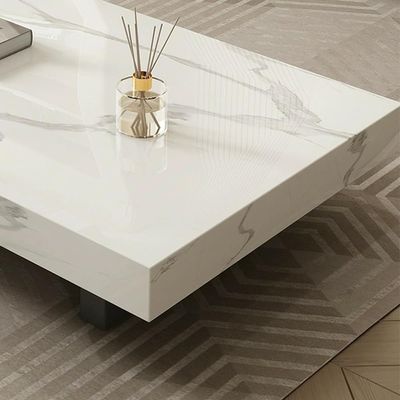 AWD Rectangular Stone Marble Modern White Coffee Table with Black Metal Base, Center Table for Waiting Area or Living Room