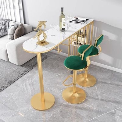 AWD Modern Bar Table Set, with Two Velvet Bar Stools, Slate Marble Top Table for Home and Kitchen 140cm