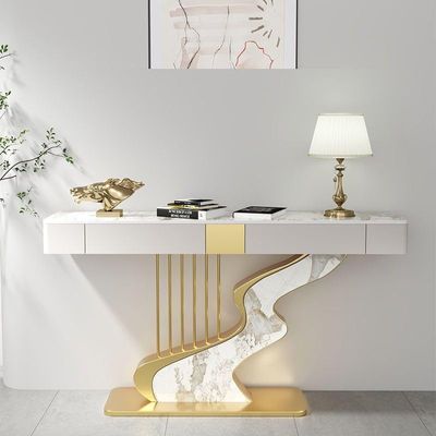 AWD Console Table, Modern Gold Entrance Table with Two Drawers, Slate Stone Countertop, Carbon Steel Base