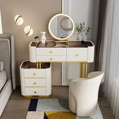 AWD Dressing Table with Mirror and Stool, Vanity Table for Women's Bedroom, Leather Upholstery Vanity Desk- White