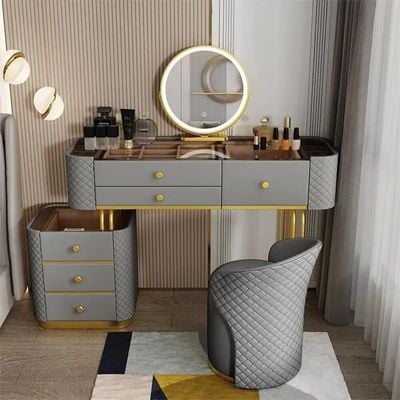 AWD Dressing Table with Mirror and Stool, Vanity Table for Women's Bedroom, Leather Upholstery Vanity Desk - Gray