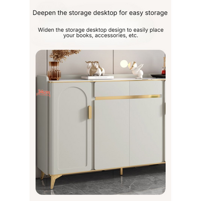 AWD Modern Shoe Cabinet with Gold Accents Large Capacity Keeper for Shoes, Off-White Shoe Organizer 160 cm Wide Luxury Storage Unit, Elegant Hallway & Entryway Furniture for Shoes and Accessories