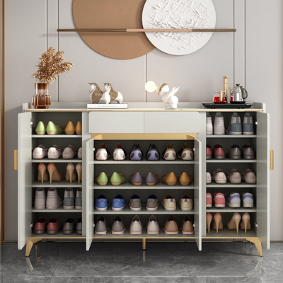 Modern Shoe Cabinet with Gold Accents Large Capacity Keeper for Shoes, Off-White Shoe Organizer 160 cm Wide Luxury Storage Unit, Elegant Hallway & Entryway Furniture for Shoes and Accessories