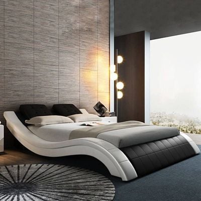 AWD Modern Curved Bed Frame Wavy Style King Size Bed, Upholstered Bed Leather - Black and white