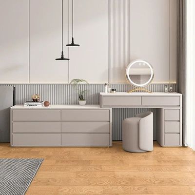 Dressing Table Organizer with Mirror Light, Dressing Table with Chair, Modern style Vanity Table for Women's Makeup Desk with Storage Drawers, Women's Bedroom Vanity Desk - Light Gray