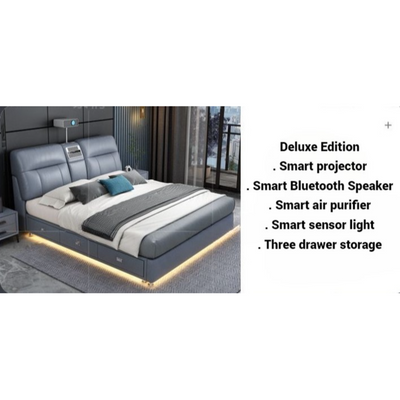 AWD Luxury Smart Bed with Projector, Bluetooth Speaker, Air Purifier, Smart Sensor Light, Three Drawer Storage - Queen Size