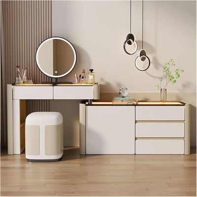 Modern Dressing Table with Built-In Lighting for Bedroom or Beauty Room - White and Beige