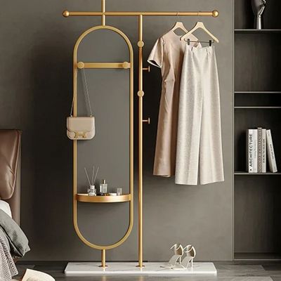 Gold Freestanding Coat Rack with Full-Length Mirror Multi-Functional Clothing Hanging Stand with Mirror Garment Rack Coat Rail Hanger Space-Saving Metal Organizer for Entryway Bedroom Living Room