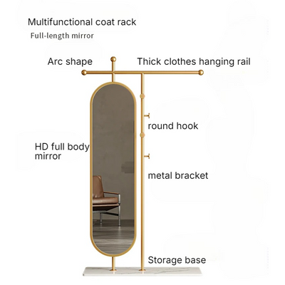 Gold Freestanding Coat Rack with Full-Length Mirror Multi-Functional Clothing Hanging Stand with Mirror Garment Rack Coat Rail Hanger Space-Saving Metal Organizer for Entryway Bedroom Living Room