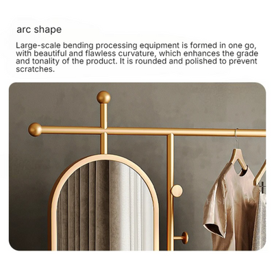 Gold Freestanding Coat Rack with Full-Length Mirror Multi-Functional Clothing Hanging Stand with Mirror Garment Rack Coat Rail Hanger Space-Saving Metal Organizer for Entryway Bedroom Living Room