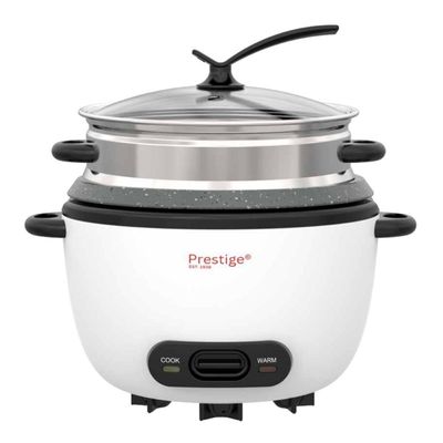 Prestige Automatic Rice Cooker 1.8 L | 3 in 1 function, Cook, Steam and Keep Warm | Non-Stick inner pot, Aluminum Steamer | Glass lid with cool touch -  PR81257 - White | 2 Years Warranty