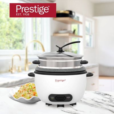 Prestige Automatic Rice Cooker 1.8 L | 3 in 1 function, Cook, Steam and Keep Warm | Non-Stick inner pot, Aluminum Steamer | Glass lid with cool touch -  PR81257 - White | 2 Years Warranty