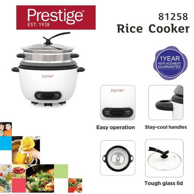 Prestige Automatic Rice Cooker 1.8 L | 3 in 1 function, Cook, Steam and Keep Warm | Non-Stick inner pot, Aluminum Steamer | Glass lid with cool touch -  PR81257 - White | 2 Years Warranty