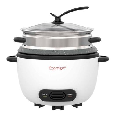 Prestige Automatic Rice Cooker 1L | 3 in 1 function, Cook, Steam and Keep Warm | Non-Stick inner pot, Aluminum Steamer | Glass lid with cool touch - PR81257 - White | 2 Years Warranty